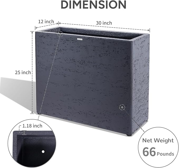 Tall Rectangular Composite ConcretePlanter（30Lx12Wx25H，66 Pounds）,Durable All-Weather Use with Drainage Holes,Large Rectangular Planter for Outdoor Indoor Plants