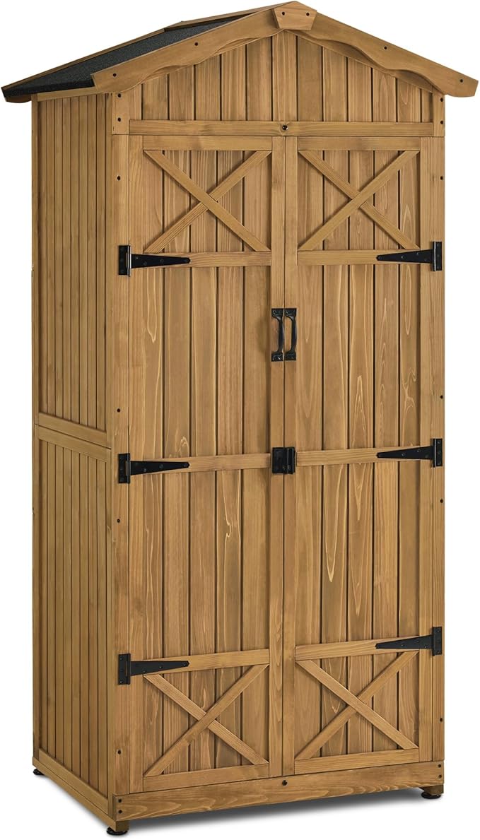 Macrout Outdoor Storage Cabinet, 75 Inches Lockable Wooden Storage Shed with Removable Shelves, Tall Tool Shed with for Yard Patio Lawn, 1165