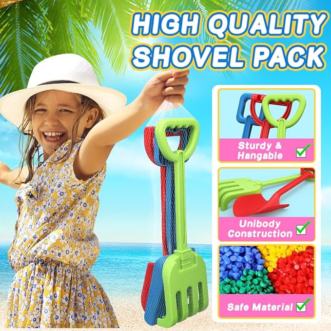 3 PCS Beach Shovel Sand Shovels Toys for Kids Adults, 16 Inch Spade Rake Sandbox, Sturdy Scoop Trowel Garden Digging Planting Tool Kit, Kids Snow Shovel Outdoor Play Summer Vaction Gift Party Favor