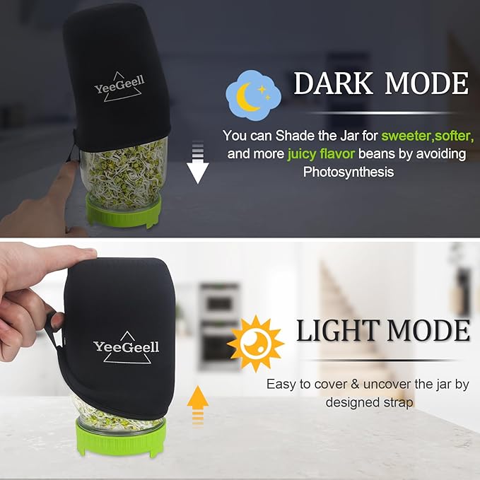 Premium Sprouts Growing Kit, 2 Sprouting Jar Kits & Superior Sprout lids, Blackout Sleeves, Drain Tray, Stainless Steel Stand, Growing Kit for Broccoli, Alfalfa, Beans & Mushroom by YeeGeell (2 Pcs)