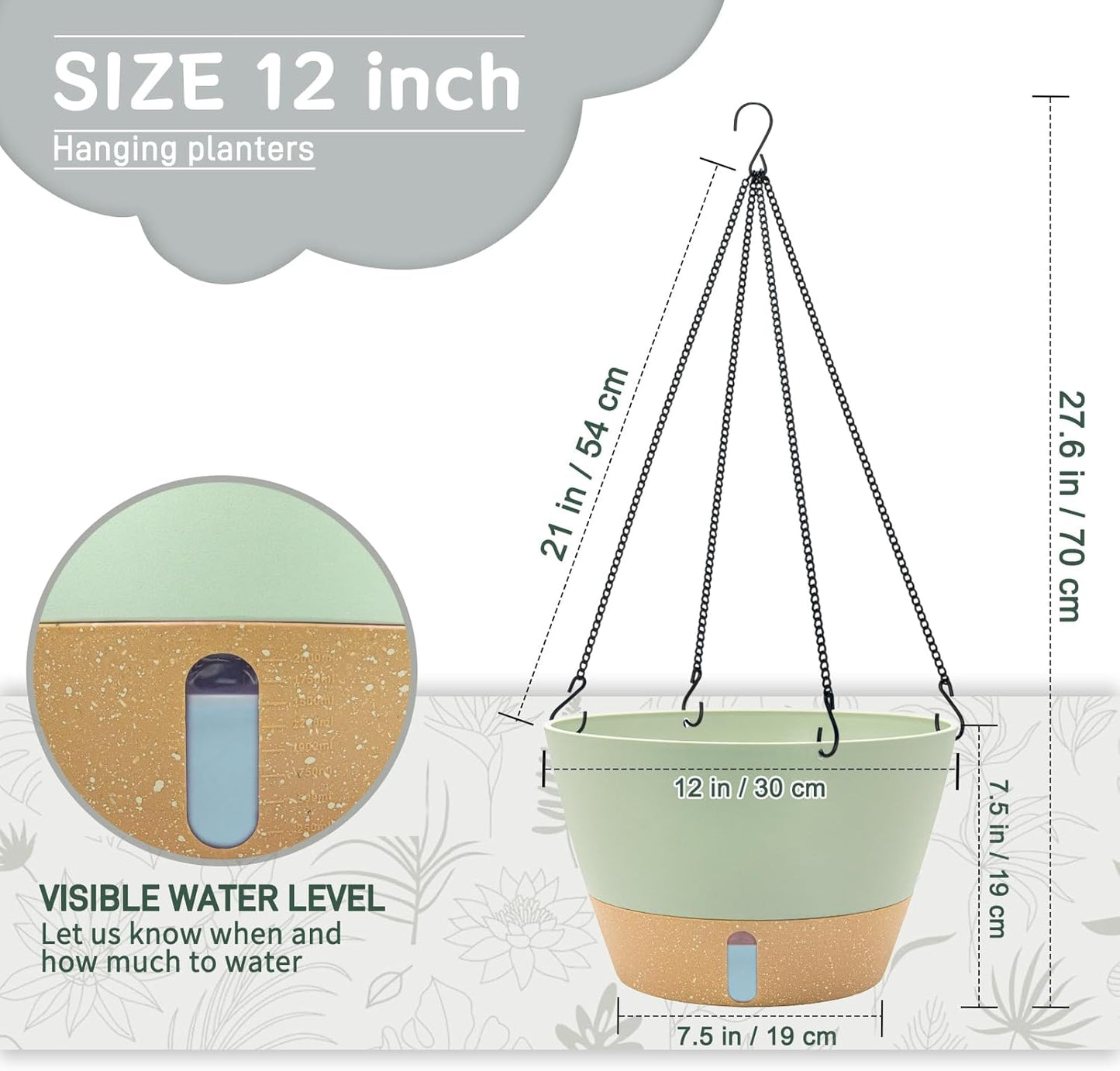 ZMTECH 12 Inch Large Hanging planters for Indoor, 2 Pack Self Watering Plant Pot for Outdoor Garden Porch, Hanging Flower Pot with Visible Water Level & Removable Tray(12Inch, Green)