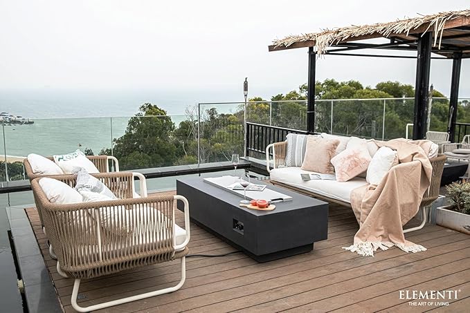 Elementi Granville Gas Fire Pit Bundle Concrete Fire Table, Outdoor Fire Pit Electronic Ignition | Canvas Cover, Lava Rock Included | Free AMS Wind Guard | Dark Gray (Natural Gas)