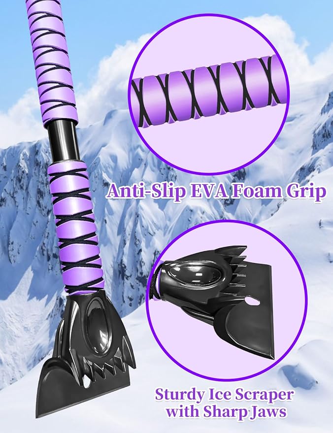 HEEYA 44 Inch Snow Brush for SUV, Ice Scraper for Car Windshield Window, Extendable Snow Scraper and Brush with Comfortable Foam Grip for Truck Vehicle Automobile - Purple