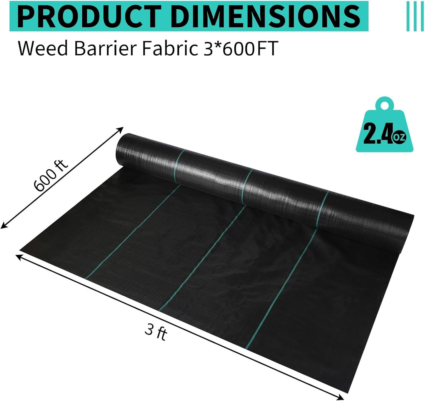 3 x 600 FT Weed Barrier Fabric,2.4 OZ Landscape Fabric,Heavy Duty PP Ground Cover for Gardening,Farming