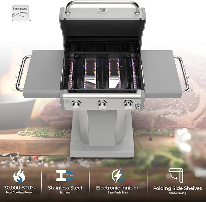 Kenmore 3-Burner Outdoor BBQ Grill | Liquid Propane Barbecue Gas Grill with Folding Sides, PG-A4030400LD-PE, Pedestal Grill with Wheels, 30000 BTU, Pearl White