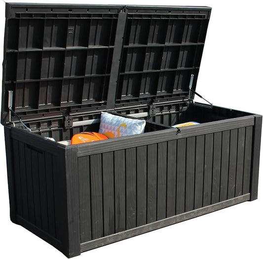 BTEXPERT 150 Gallon Large Resin Deck Box, Outdoor Storage Container with Metal Rods & Partition for Patio Furniture Cushions Garden Tools Equipment Waterproof Lockable UV Resistant