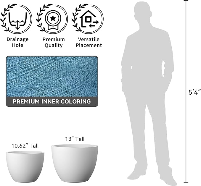 Kante 17.3 Inch Round Concrete Planter - Classic Large Indoor/Outdoor Plant Pot with Drainage Hole and Rubber Plug, Suitable for Gardens and Patios, White Finish with Aqua Blue Interior