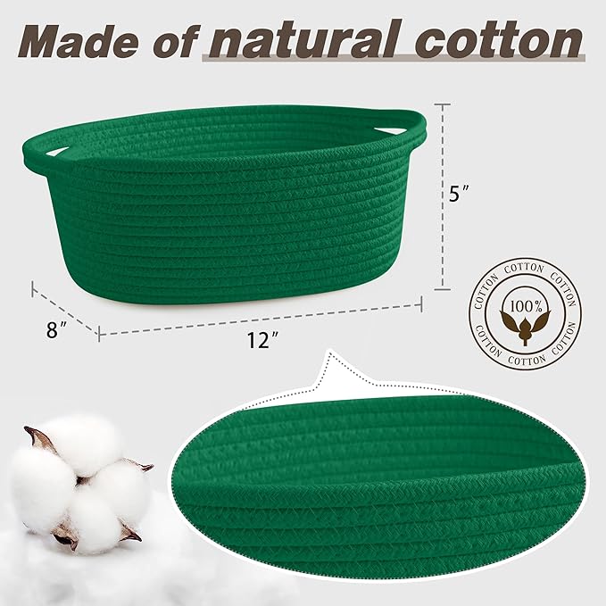 Pro Goleem Small Woven Basket with Gift Bags and Ribbons Durable Baskets for Gifts Empty Small Rope Basket for Storage 12"X 8" X 5" Baby Toy Baskets with Handles, Green