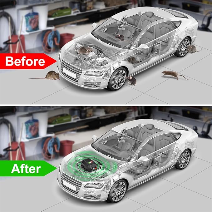 Ultrasonic Rodent Repellent for Car Engines, 12V 24V Wired Ultrasonic Mouse and Rat Deterrent with LED Strobe Lights and Remote Control – Under Hood Animal Repeller for Cars, Trucks, RVs, Vehicles