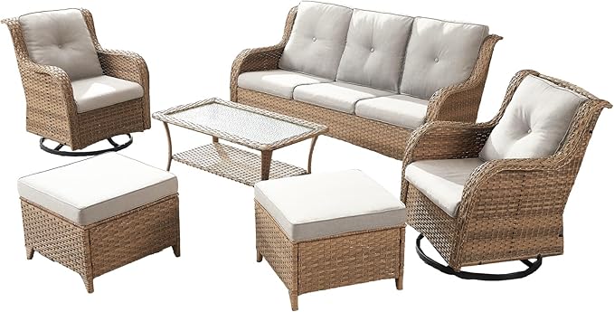 Wicker Outdoor Conversation Set-6 Pieces Outdoor Wicker High Back Couch with Swivel Rocker Chairs Patio Furniture for Deck Poolside Backyard-Yellow/Beige