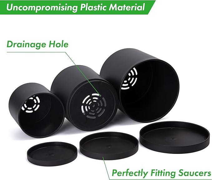 D'vine Dev 4.5 Inch 5.5 Inch 6.5 Inch, Set of 3 Plastic Planter Pots for Plants with Drainage Hole and Seamless Saucers, Black Color, Small Plus, 74-V-B-2