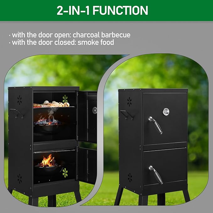 BBQ Smoker Grill with 2 Doors, Vertical Charcoal Smoker with 2 Detachable Grill Racks, Charcoal Pan & Water Pan, Outdoor Meat Smoker with Thermometer, 4 Air Vents, Idea for Parties, Backyard