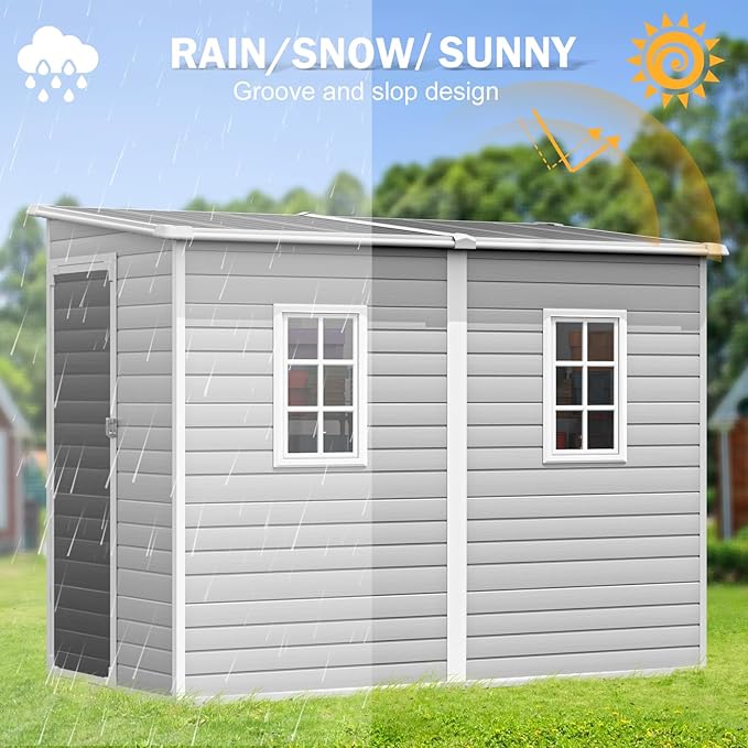 CDCASA 4x8 FT Resin Lean to Shed, Waterproof Outdoor Storage Sheds with Floor & Adjustable Openable Windows, Outside Plastic Tool Shed for Backyard Patio Poolside Garden, Gray