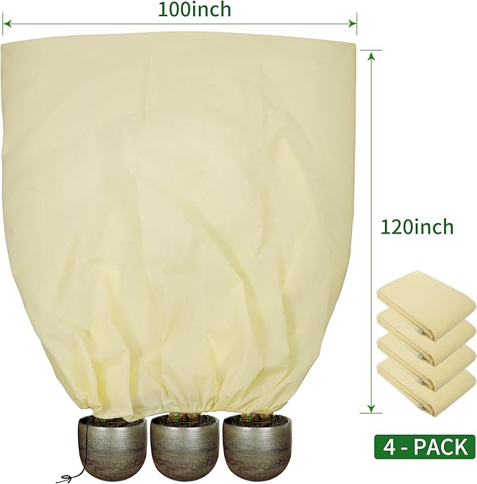 TCBWFY 120x100 Inch Huge Plant Covers Freeze Protection Frost Cloth for Outdoor Plants,2.82oz/yd² Thickened Winter Tree Covers with Zipper Drawstring,4 Packs Frost Blanket from Wind,Pest and Animal
