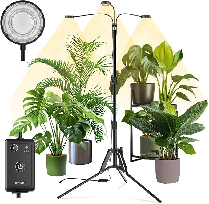 SANSI Grow Lights for Indoor Plants, Dimmable 30W Plant Lights for Indoor Growing, 3 Head 35"-65" Adjustable Tripod Stand Plant Grow Lights Indoor Auto On/Off Timer Led Grow Lights for Indoor Plants