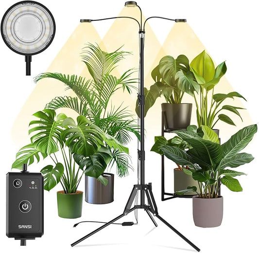 SANSI Grow Lights for Indoor Plants, Dimmable 30W Plant Lights for Indoor Growing, 3 Head 35"-65" Adjustable Tripod Stand Plant Grow Lights Indoor Auto On/Off Timer Led Grow Lights for Indoor Plants