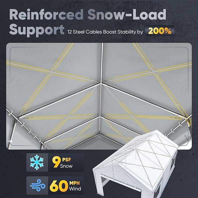 Quictent Heavy Duty 10x20 ft Carports with Side Zipper Doors & Snowproof Steel Cables & Ventilated Windows, Waterproof Storage Shelter for Car, Boat, RV, Outdoor Equipment, White