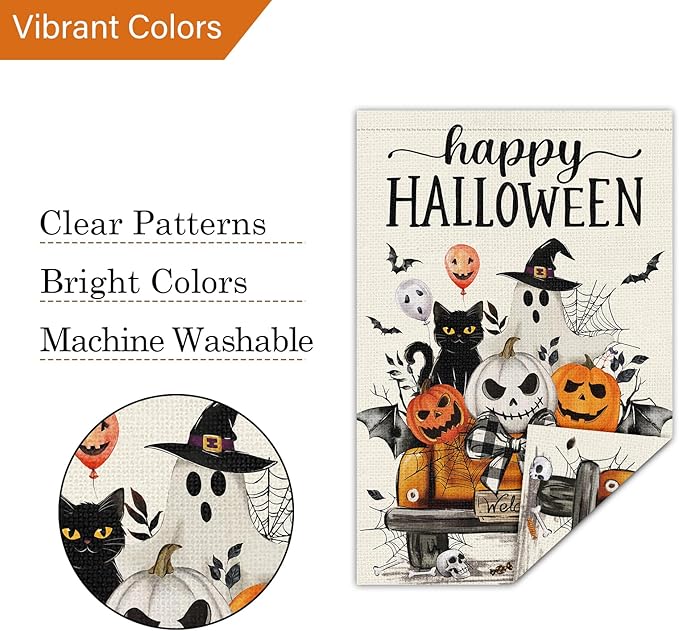 Louise Maelys Happy Halloween Garden Flag Black Cat Ghost Pumpkin Truck 12x18 Inch Double Sided Boo Holiday Seasonal Welcome Fall Autumn Small Burlap Yard Sign Outside Outdoor House Decor