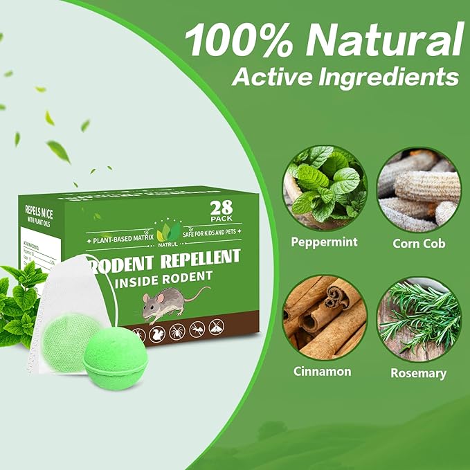 28 Pack Mouse Rodent Repellent Balls - Natural Peppermint Oil for Mice, Rats, Squirels & Spiders - Safe for Pets & Family -Indoor/Outdoor Pest Control for Home, Kitchen, Garage