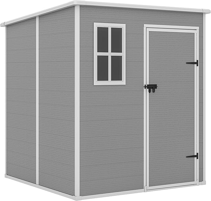 Outdoor Storage Shed, 6x6 FT Resin Shed with Floor and Lockable Door, Window & Vents, Tool Sheds & Outdoor Storage for Bike, Tools, Garden Accessories, Waterproof Grey White