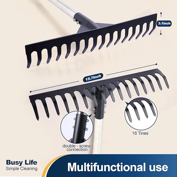 Yocada Thatch Rake 15.7" Steel Lawn Thatching Rake Heavy Duty Grass Grooming Tool for Garden Yard Soil Loosening Lawn Cleaning 62" Tall