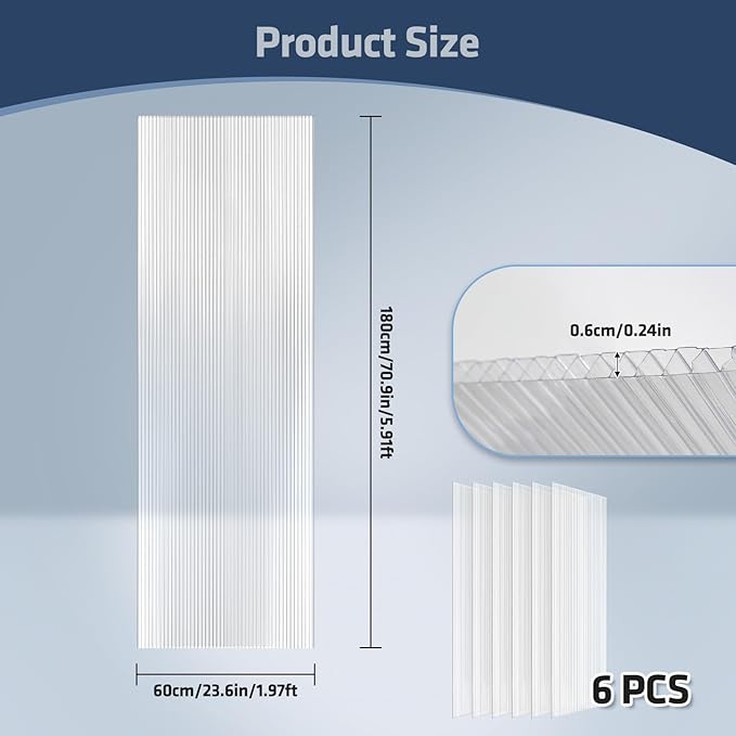 UMIG 6 PCS 6' x 2' x 0.24'' Polycarbonate Greenhouse Panels, Twin-Wall Waterproof UV Protected Corrugated Plastic Roof Panels Sheets, Clear Replacement Panels for Greenhouse, Outdoor, Plant