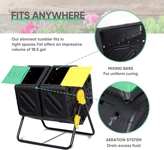 F2C Dual Chamber 37 Gallon Compost Tumbler All-Season Outdoor BPA Free Large Composter Bin w/ 2 Sliding Doors and Solid Steel Frame