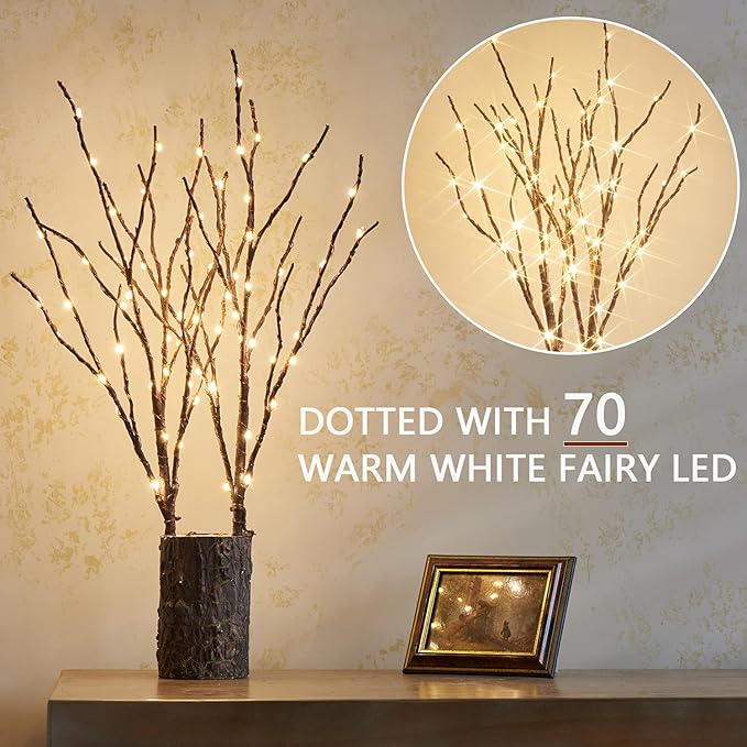 Fudios Lighted Branches with Timer 70 LED Fairy Lights 18in Battery Operated, Willow Branches with Lights for Vase Christmas Holiday Home Decor