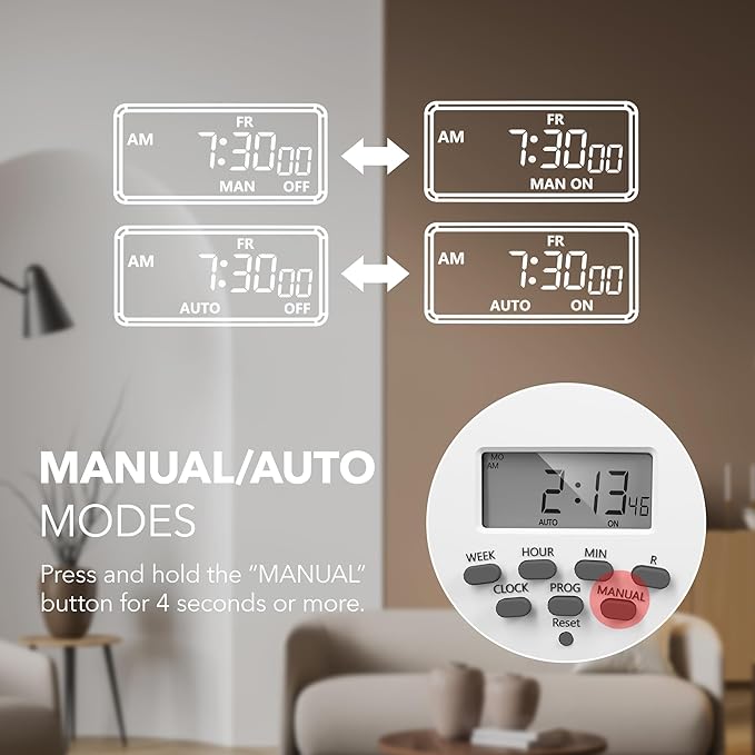 BN-LINK 8 Outlet Surge Protector with 7-Day Digital Timer (4 Outlets Timed, 4 Outlets Always On) - White