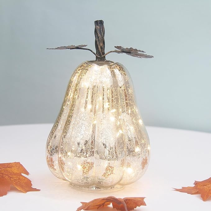 Mercury Glass Pumpkin Lights with Timer, Battery Operated Led Pumpkin Lights for Halloween Fall,Thanksgiving Rustic Decor (Silver Leafy, 9")