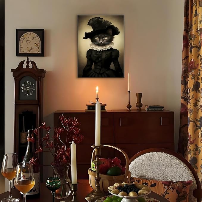 Jatinoo Gothic Black Lady Cat Wall Art - Dark Academia Framed Canvas Print for Witchy Home, Goth Bathroom & Office Decor, Vintage Halloween Cat Lover Gift (11.5x15 Inch)