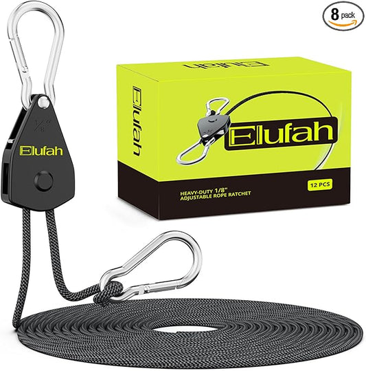 12-Pack 1/8" Adjustable Rope Hanger, Heavy-Duty Ratchet Tie Down Strap with Reinforced Metal Gear, 10 FT Length, 75 lbs Capacity for Grow Lights, Hanging Plants, and General Tie-Downs