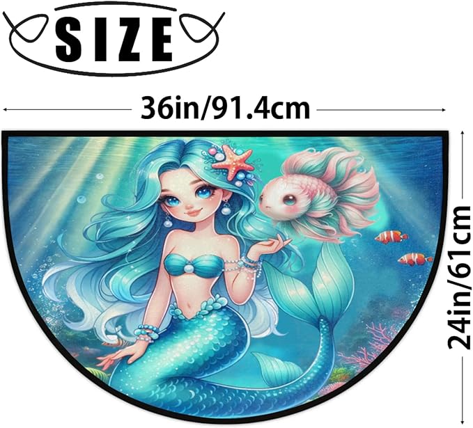 cfpolar Half Round Door Mat, Cute Mermaid Semi Circle Area Rug, Non Slip Area Rug Soft Doormat for Front Door Indoor Entrance Wear Half Moon Rug for Kitchen Bedroom Patio Fireplace 24 x 36 in