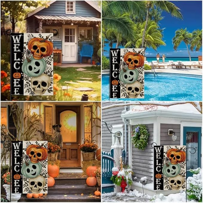 Halloween Garden Flag 12x18 Inch Double Sided, Skull Pumpkin Welcome Yard flag, Spooky Outdoor Party Decoration for Porch, Patio, Lawn, Garden, Indoor & Outdoor Halloween Décor