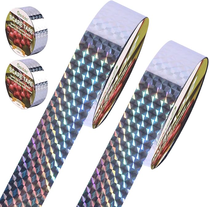 Double Bird Scare Tape Ribbon, Side Reflective Ribbon to Birds from Hitting Windowws and Protect Your House, Garden, Orchard (Silver, 1in * 500FT *2) - No Adhesive, Easy Tie-On Installation