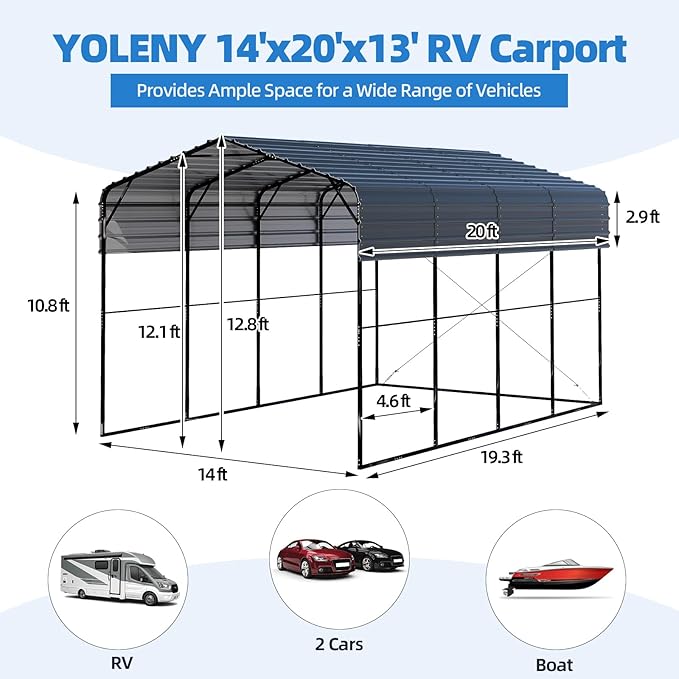 YOLENY 14x20 FT RV Carport, Heavy Duty Metal Carport with Reinforced Metal Frame & Galvanized Roof, Weather-Resistant Car Shelter for RV, Cars, Trucks, Boats, SUVs, and Tractors, Gray