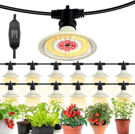 Outdoor LED Grow Lights, Waterproof String Grow Light, Full Spectrum Plant Growing Lights Greenhouse 44Ft Adjustable Cord 12 Lights