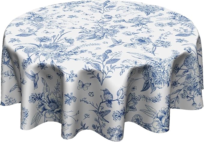 Giwawa Chinoiserie Floral Round Tablecloth 60 Inch,Traditional Blue White Birds Flowers Reusable Washable Polyester Table Cloth Cover for Holiday Picnic Dinner Table Decor