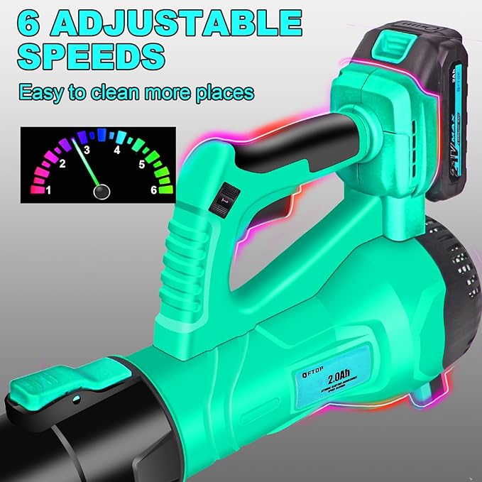 FTOP Leaf Blower Cordless with 2 Batteries and Fast Charger, 6 Speed Mode, 21V Electric Garden Blower for Lawns, Gardens, Yard, Deck, Snow, Leaves Cleaning -Variable Speed (Cyan)