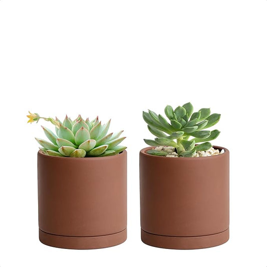 D'vine Dev 4 Inch Rust Terracotta Plant Pot with Drainage Hole and Saucer, Round Cylinder Planter Pot for Indoor Plants, Set of 2, 40-V-A-2