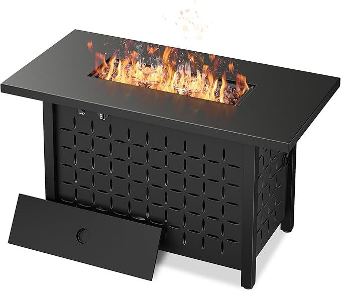 Vongrasig 43 inch Gas Fire Pit Table, 50,000 BTU Outdoor Rectangular Propane Firepit Table with Lid, Glass Wind Guard, Lava Rock, 2 in 1 Firepit Table for Outside, Patio, Deck, Garden, Backyard