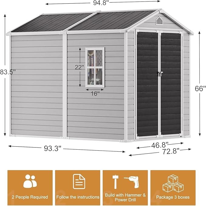 Resin Storage Shed 8 x 6 FT: Outdoor Resin Sheds with Floor, Plastic Waterproof Patio Outdoor Storage Shed with Lockable Door & Windows,Tool Sshed Storage for Garden Backyard Patio Lawn, Gray