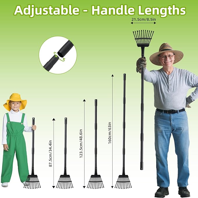 Small Rake for Gardening 63 Inch Adjustable Heavy Duty Garden Leaf Rakes Garden Tools 11 Metal Tines Small Garden Rake for Shrub Flower Bed Mulch Camping, Black