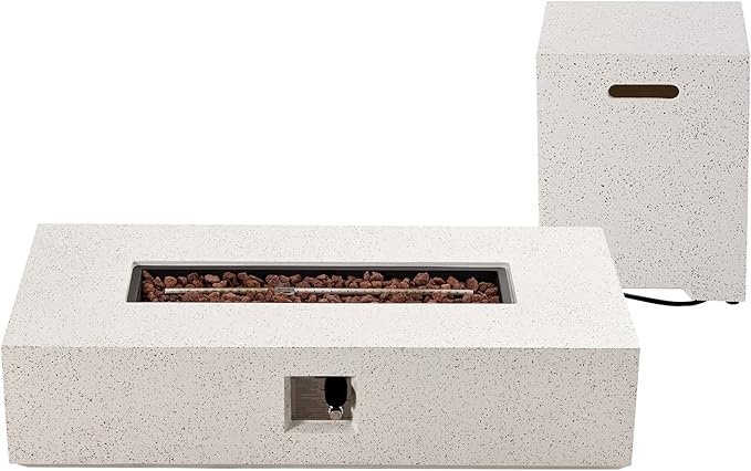 COSIEST 2-Piece Outdoor Propane Fire Table Set, Rectangle Concrete 56" Rectangular Fire Pit, CSA Certified, 50,000 BTU, w 20lb Tank Table,Waterproof Cover for Garden, Porch, Backyard