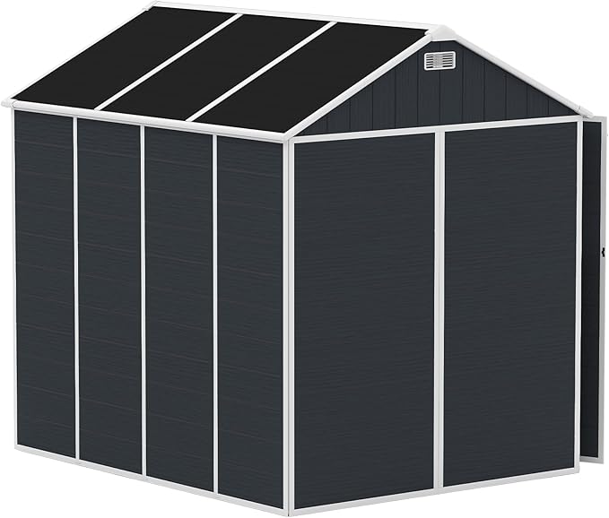 Resin Storage Shed 8x7ft, Large Tool Shed with Floor, Two-Window, Lockable Doors and Vents, 12mm Thick pp Board, Outdoor Storage Sheds for Patio, Garden, Backyard, Lawn (Dark Gray, 8 * 7ft)