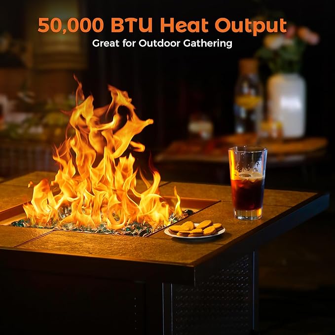 BALI OUTDOORS Propane Gas Fire Pit Table 32 inch 50,000 BTU Square Gas Firepits for Outside, Brown