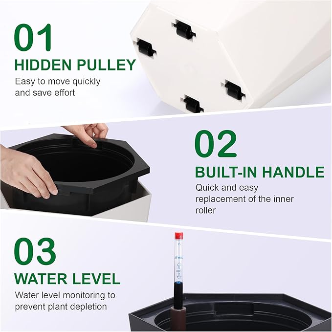 23 Inch Tall Outdoor Planters Set of 2, Self Watering Pots for Indoor Plants with Water Level Monitor & Drainage Hole & Wheels, Large Planter Pots for Garden, Patio, Balcony, White