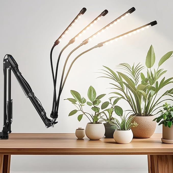 Grow Light for Indoor Plants, Full Spectrum Clip Plant Lamp for Indoor Plants, LED Growing Light with 4 Heads, Flexible Mount, 3/9/12H Timer, 10 Dimmable Level, 3 Spectral Modes