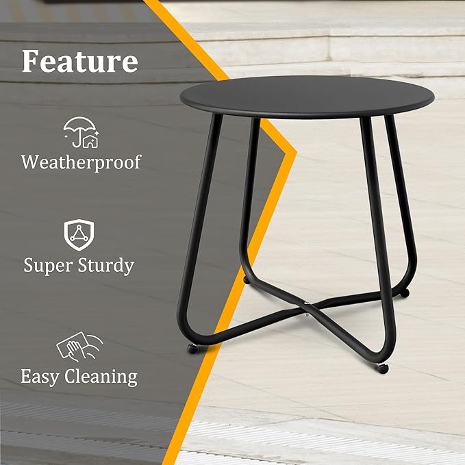 Black Patio Side Table, 18" Weatherproof Steel Outdoor Indoor Side Table for Garden, Balcony, Pool & Tailgate, Rust-Resistant Lightweight Portable Patio End Table