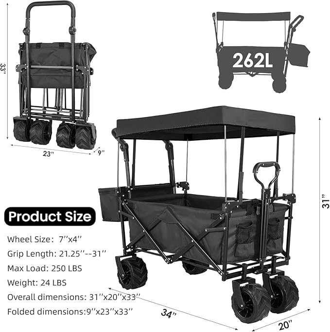 AthLike Extra Large Collapsible Wagon w/Removable Canopy, 250lbs/262L Capacity Foldable Garden Cart w/Rear Storage, Heavy Duty Push&Pull Utility Camping Beach Stroller w/Big Wheel&Adjustable Handles